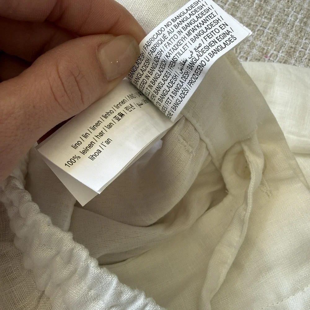 ZARA Linen Pants Womens L White Drawstring Lightweight Trouser Minimalist Beach